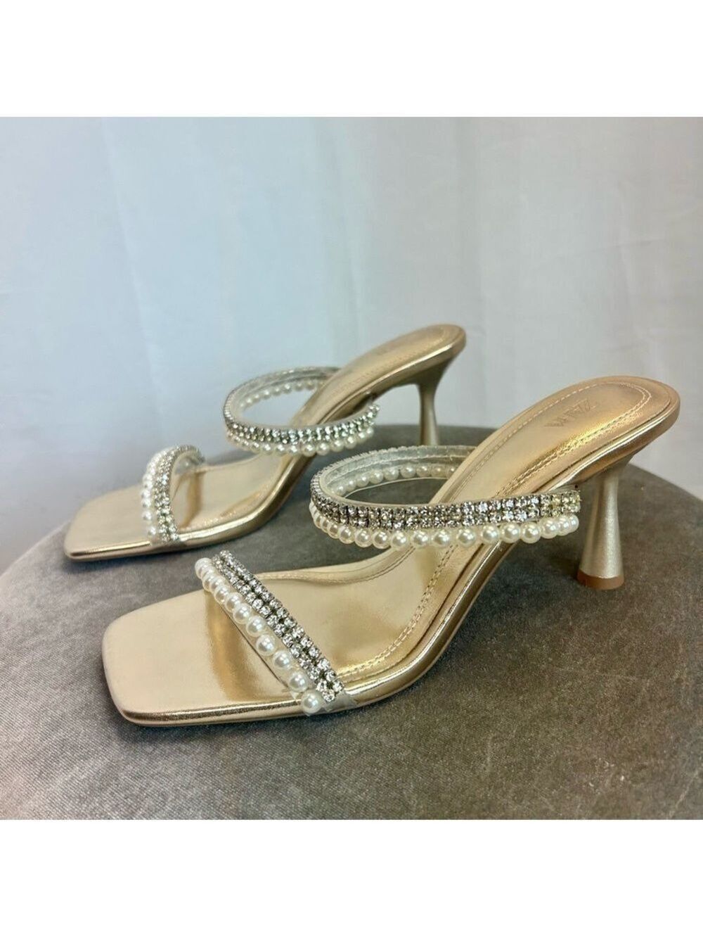 Zara metallic gold Open toe high heel mule sandal rhinestones and pearls 37 NWOB